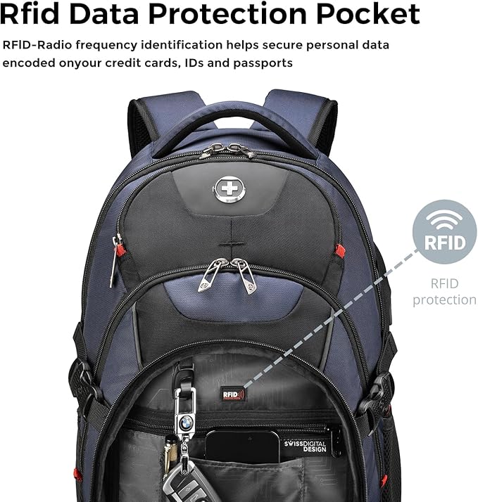 Swissdigital Design Laptop Backpack with USB Charging Port, Travel Backpack Fits 15.6 inches Computer, 31L College School Backpack for Men, Blue/Black | SD803-12