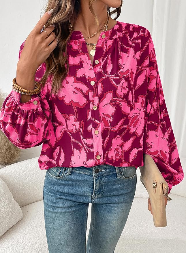 Astylish Womens 2026 Boho Floral Loose Spring Summer Tops Lantern Sleeve Flowy Blouses V Neck Button Down Shirts