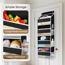 1 Pack Over The Door Organizer, Hanging Storage Organizer with Clear Window, 40lb Ultra Sturdy Large Capacity Room Organizer for Pantry Laundry Bathroom Nursery Closet (Black)