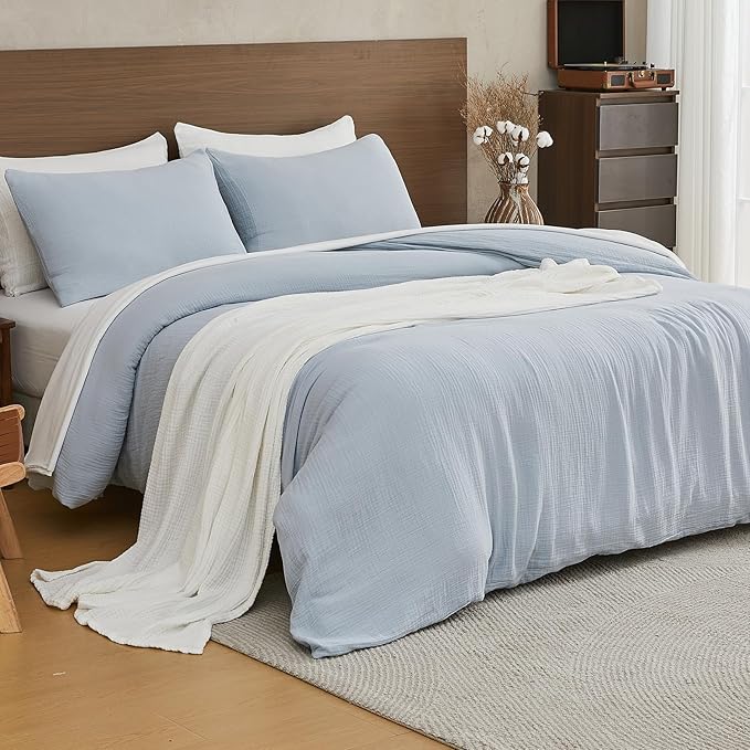 EMME Muslin Cotton Duvet Cover Set Blue King Size Linen Like Soft Breathable Lightweight Summer Comforter Cover Set with Zipper Closure (Blue, King, 104"x90")