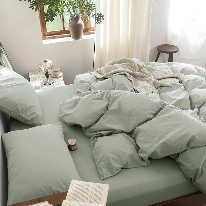 FOSSA Duvet Cover Set 100% Washed Cotton Linen Feel Super Soft Breathable Cozy 3 Pieces Bedding Sets Solid Sage Green Oversized King