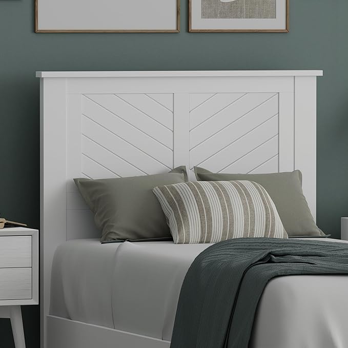 Serene Poplar Wood Twin Size Headboard in White, Modern Farmhouse Panel with Chevron Scoring, Casual Coastal Style, Easy Assembly, Quality Materials