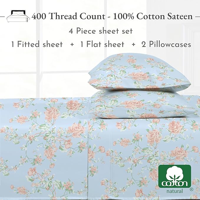 California Design Den Floral Pattern King Size Sheets Set - 400 Thread Count, Natural 100% Cotton, Soft Sateen Weave, Deep Pocket King Sheets, and Durable Bedding Set - Antique Rose