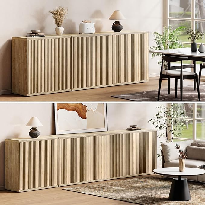 Fluted Buffet Cabinet Sideboard with Storage,Wooden Credenza with 2 Doors&Adjustable Shelve, Modern Accent Cabinets Coffee Bar Bookcase for Living Room,Kitchen Dining Room Entryway 15"D Natural Oak