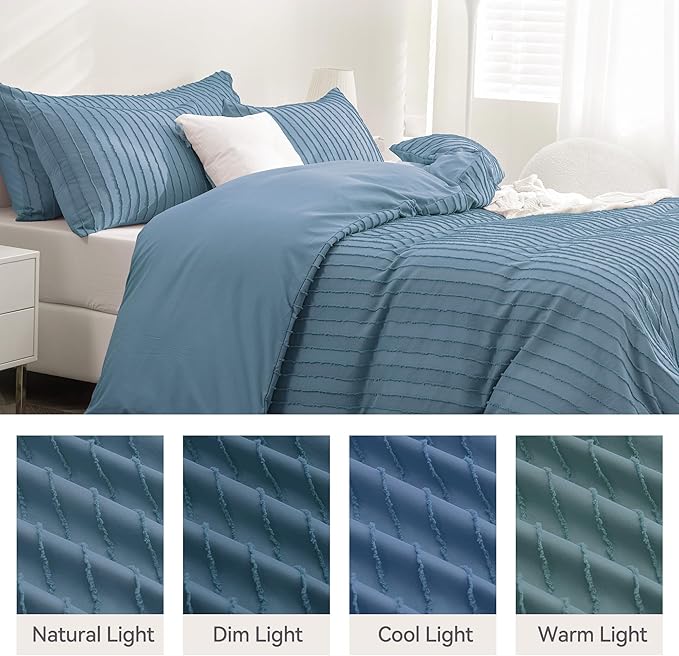 JELLYMONI Duvet Cover Twin Size Blue - 3PCS Boho Striped Duvet Cover Set Polyester Tufted Bohemian Textured Comforter Cover 68×90in with Corner Ties & Zipper and 2 Pillowcases
