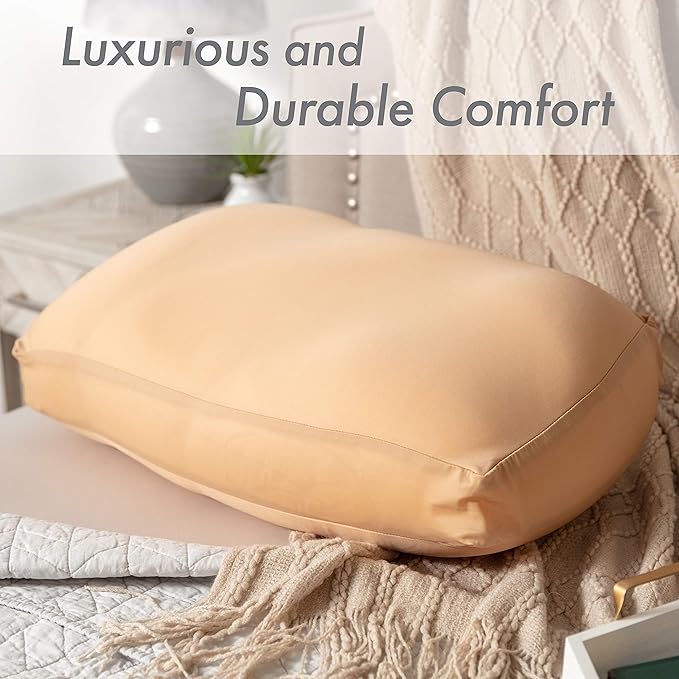 PILLOWY Premium Microbead Bed Pillow, X-Large Extra Fluffy But Supportive - Ultra Comfortable Sleep with Silk Like Anti Aging Cover 85% Spandex/ 15% Nylon Breathable, Cooling Barely Beige