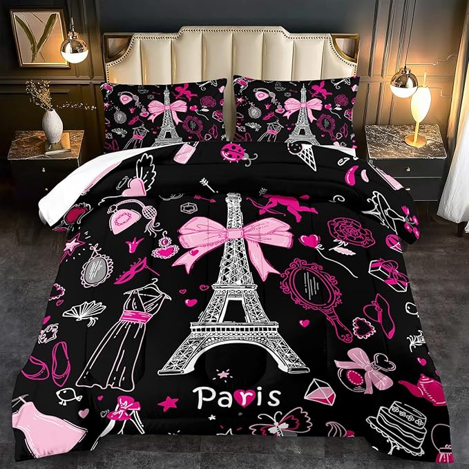 Eiffel Tower Comforter Set King Size,Eiffel Tower Bedding Set for Girls, Pink and Black Paris Themed Comforter Bedroom Decor,Paris Quilt French Style Romantic Bedding