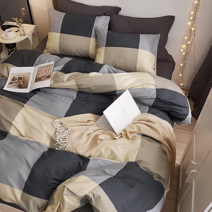 VM VOUGEMARKET Cotton Full Duvet Cover Set,3 Pieces Black Gray Plaid Duvet Cover with 2 Pillowcases Modern Simple Checkered Comforter Cover for Teens Boys Men-80x90 Inch