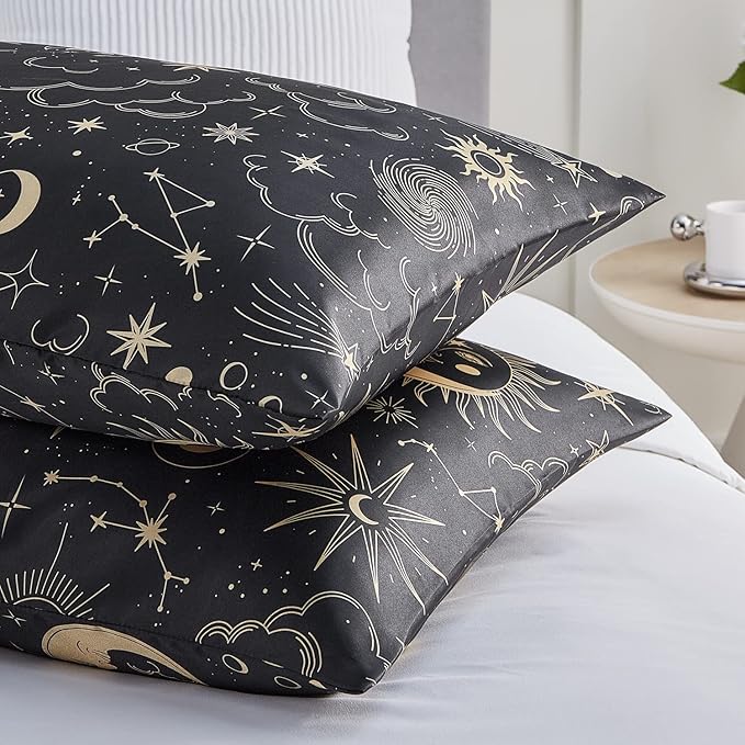 EXQ Home Satin Pillowcase for Hair and Skin Queen - Black Printed Silk Pillow Cases 2 Pack 20x30 inches - Satin Pillow Cases Set of 2 with Envelope Closure, Gifts for Women Men