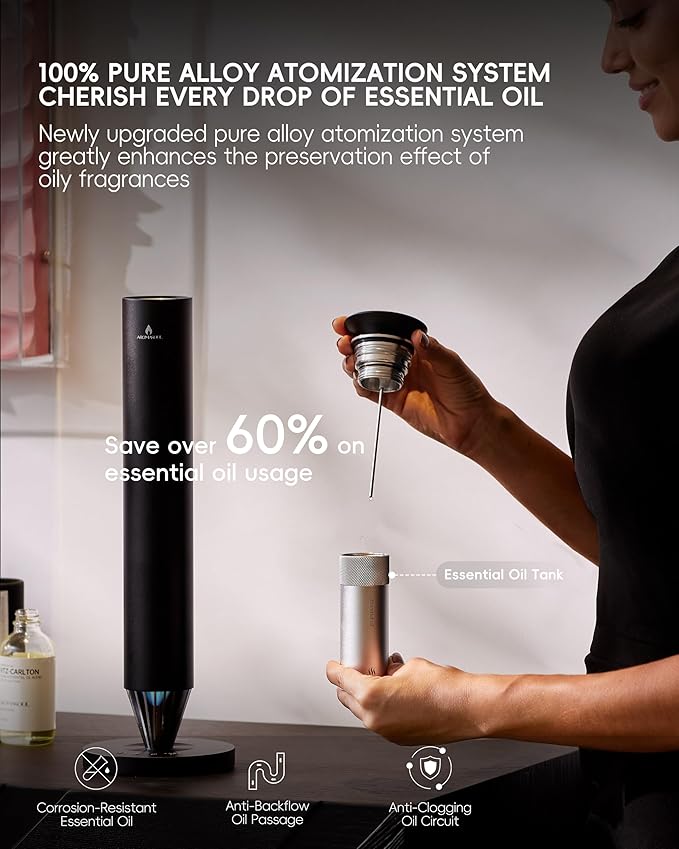 Waterless Scent Diffuser Starter Kit - 1500 Sq Ft Coverage, Alloy Atomization System,Mood Light,Smart Rechargeable Hotel Scent Diffuser, Including 120ml Essential Oil, for Home,Large Room,Spa,Black