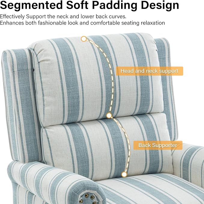 Recliner Chair, Modern Pushback Armchair with Adjustable Backrest & Footrest for Bedroom, Living Room, Blue Stripe,Set of 2