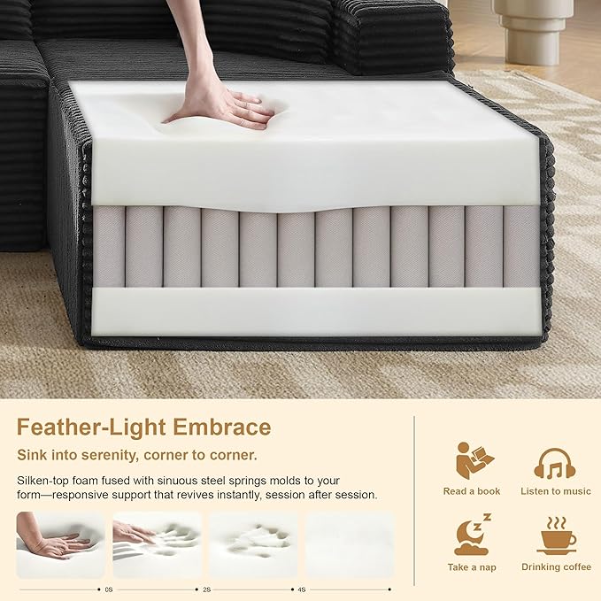 105''Sectional Cloud Couch with L Shaped Chaise,Modern Modular Sectional Sofa,Comfy Sectional Couches for Living Room,Bedroom,Apartment (Black, 105''W Right Facing Chaise)