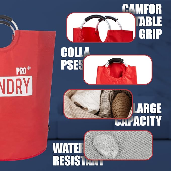 Caroeas Super Large 150L Laundry Basket Pro, Waterproof Laundry Hamper, Collapsible Laundry Basket Easy Storage, Clothes Hamper Stands Up Well, Laundry Bag with Padded Handles (Red)