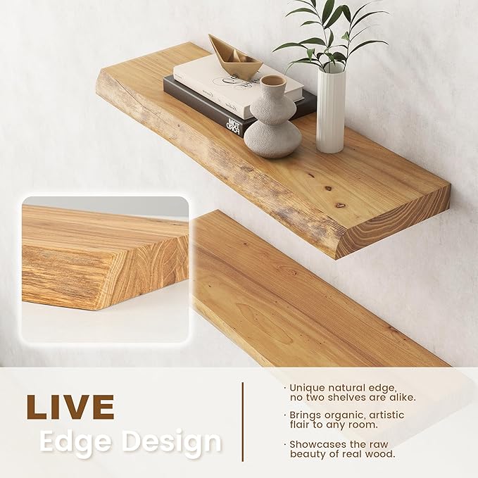 Live Edge Elm Floating Shelves for Wall Decor, Rustic Solid Wood Shevles Wall Mounted with Invisible Bracket for Living Room Bathroom Bedroom Kitchen, 36 Inch Set of 2, Natural