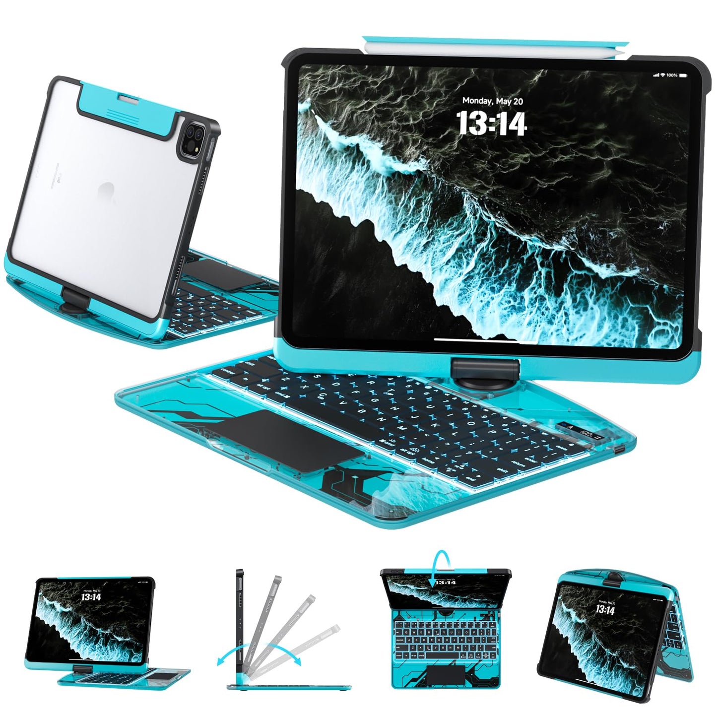 Transparent Keyboard Case for iPad 11” (10th & 11th Gen) – 360° Rotating, Backlit, Trackpad