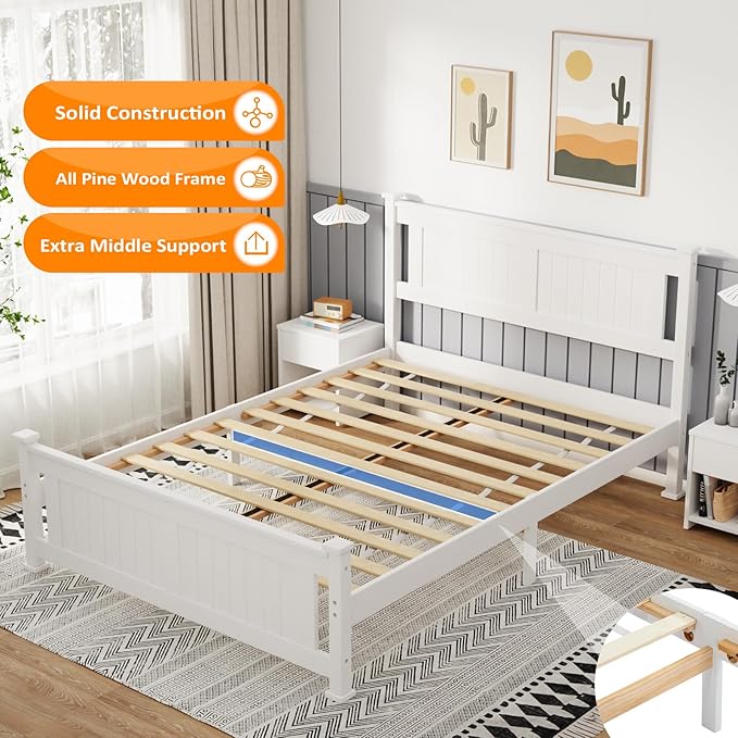 VINGLI Queen Bed Frame with Headboard Wood Platform Panel Bed,Heavy Duty Bed Slat No Box Spring Needed, White