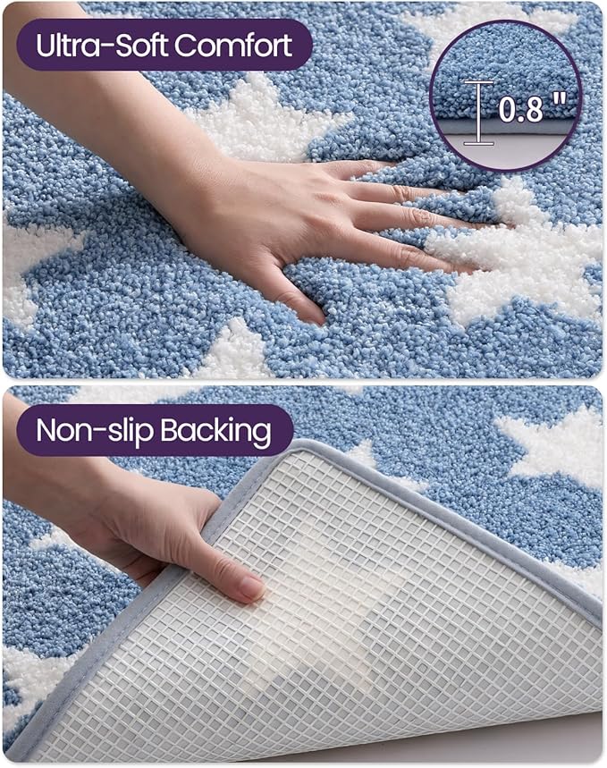 DEXI Star Bathroom Rug, 24x36 Non Slip Washable Bath Mat Absorbent, Ultra Soft Plush Microfiber Bathmat Quick Dry for Shower Floor, Tub, Sink, Light Blue