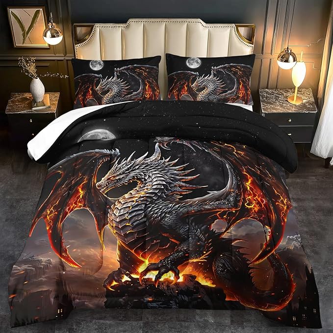 Black Dragon Comforter Set Full Adult,Flame Dragon Bedding Set for Boys,Magical Beast Bedding Fantasy Animal Comforter Beedroom Decor,Magical Beast Quilt Bed Decor