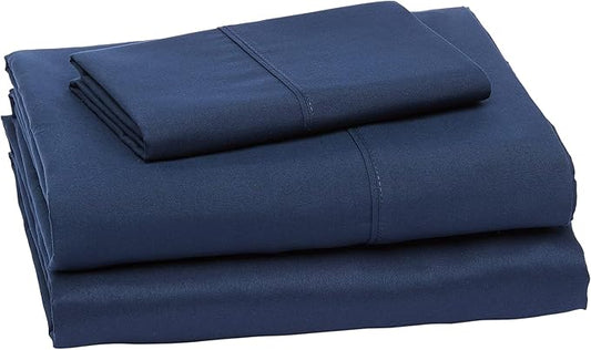 Amazon Basics Lightweight Super Soft Easy Care Wrinkle Free Microfiber 3 Piece Bed Sheet Set with 14-Inch Deep Pockets, Twin, Navy Blue, Solid, Kids, Men & Women Bedding AmazonBasics
