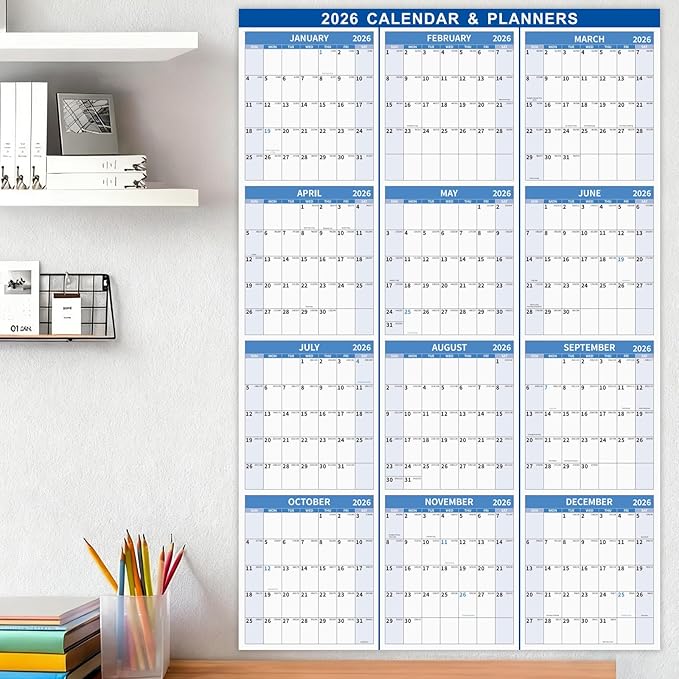 22.7" x 34.72" 2026 Wall Calendar, Folded Wet & Dry Erase Wall Calendar 12 Month, Yearly Laminated Wall Calendars, Reversible Annual Planner, Horizontal/Vertical, with Julian Dates