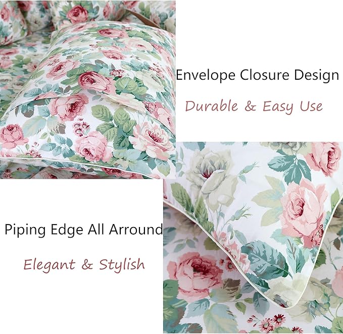 FADFAY Sheets Set Queen Pink Rose Floral Bedding Romantic French Country Peony Floral Sheets Vintage Farmhouse Bedding 100% Cotton Breathable Bedding with Deep Pocket Fitted Sheet 4Pcs, Queen Size