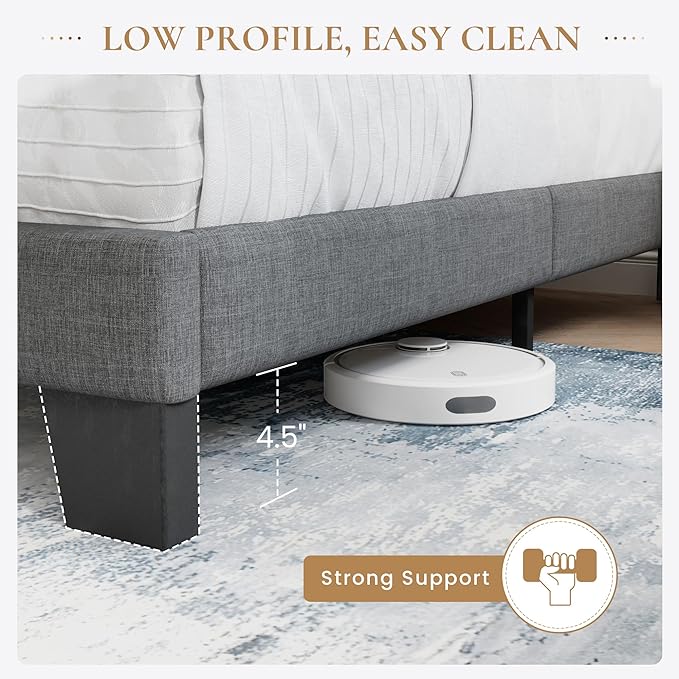 SHA CERLIN Full Platform Bed Frame with Upholstered Fabric Headboard, Mattress Foundation with Strong Wooden Slats Support, No Box Spring Needed, Grey