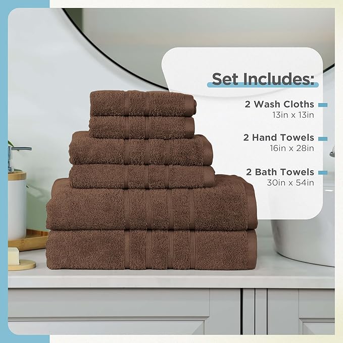 Martex 6-Piece Towel Set – Ultimate Performance – 100% Cotton – 2 Bath Towels – 2 Hand Towels – 2 Wash Cloths – Versatile – Low-Linting – Supersoft & Absorbent Bathroom Set – Easy Care – Chocolate