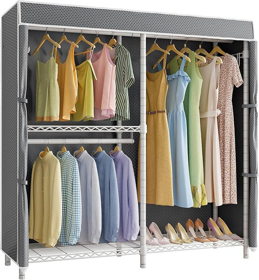 VIPEK V4C Heavy Duty Adjustable Clothing Rack, White Metal Closet Rack with Grey Cover, 57.9" L x 17.3" W x 76.4" H, 3 Hanging Rods & Side Hooks, Portable Closet