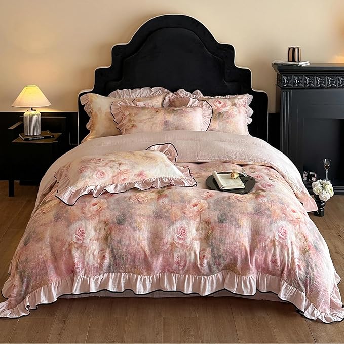 HighBuy Cottagecore Floral Linen Duvet Cover Queen for Hot Sleepers,Coquette Bedding Ruffle Duvet Cover Set Shabby Chic Yarn-Dyed Textured Bedding Set Breathable Durable Luxury with Zipper