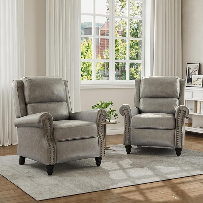 Faux Leather Recliner Chair, Modern Pushback Armchair with Adjustable Backrest & Footrest for Bedroom, Living Room (Grey,Set of 1)