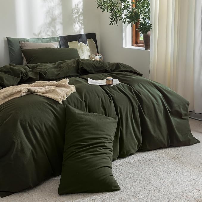 FOSSA Duvet Cover Set 100% Washed Cotton Linen Feel Super Soft Breathable Cozy 3 Pieces Bedding Sets Solid Olive Green Full/Double