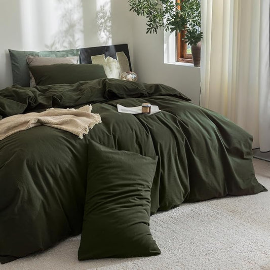 FOSSA Duvet Cover Set 100% Washed Cotton Linen Feel Super Soft Breathable Cozy 3 Pieces Bedding Sets Solid Olive Green Full/Double