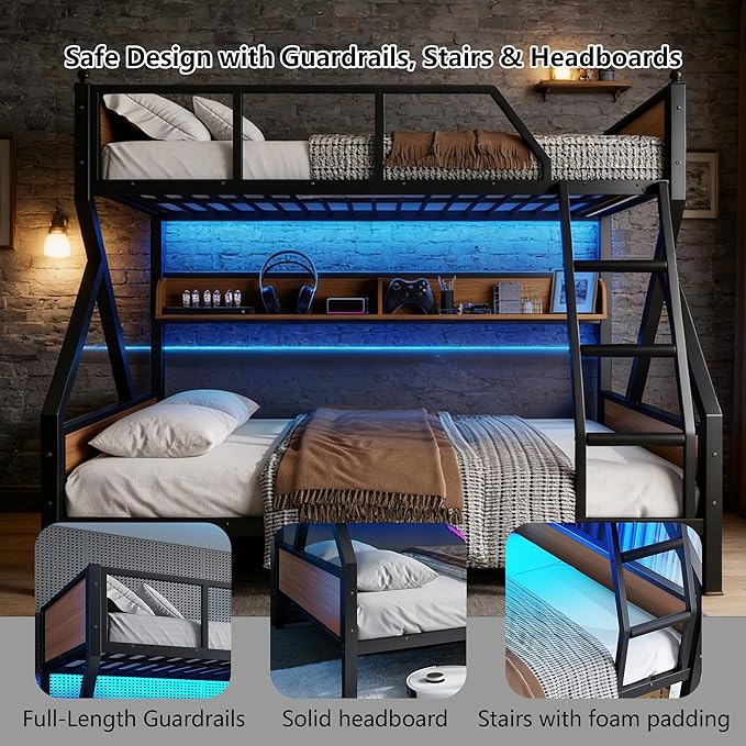 Full XL over Queen Bunk Bed with Storage Shelves, Metal Bunk Beds with Ladders and LED Lights, Heavy-duty Bunkbed for Bedrooms, Guest Rooms and Dorms, No Box Spring Needed and Noise-free Design, Black