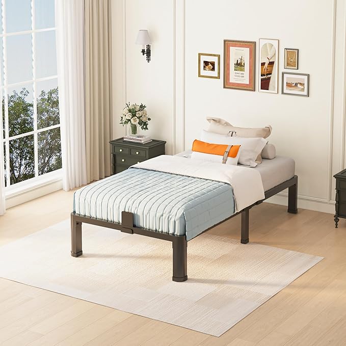 10 inch Twin Bed Frame with Round Corner Legs Mattress Slide Stopper,Low Profile Heavy Duty Metal Platform,No Box Spring Needed,Steel Slat Support,Easy Assembly,Noise Free