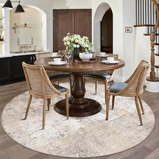 6x6 Washable Round Rug Beige Grey Abstract Living Room Bedroom Area Rug Neutral Modern Non Slip Soft Low Pile Indoor Carpet for Dining Room Office Entryway
