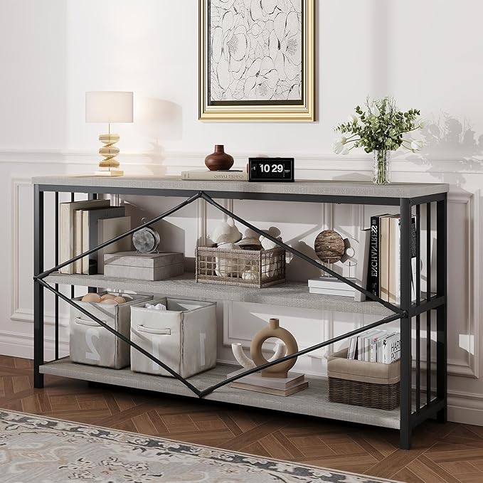 HSH Gray Bookshelf, Industrial Wood Metal Long Bookcase with Storage, Open 3 Tier Bookshelves for Bedroom Living Room, Farmhouse Wooden Etagere Book Shelf for Home Office, Light Grey Oak, 55 Inch