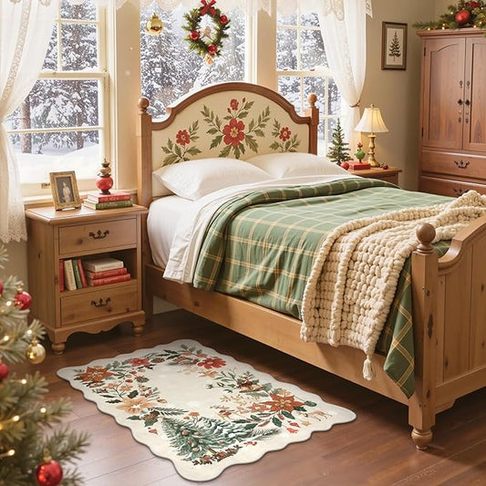 Lahome Floral Christmas Rug, 2x3 Kitchen Christmas Rugs for Entryway Ultra-Thin Washable Christmas Rugs Indoor,Soft Door Mat Indoor Entrance Holiday Carpet for Entry Bedroom, Beige/Multi
