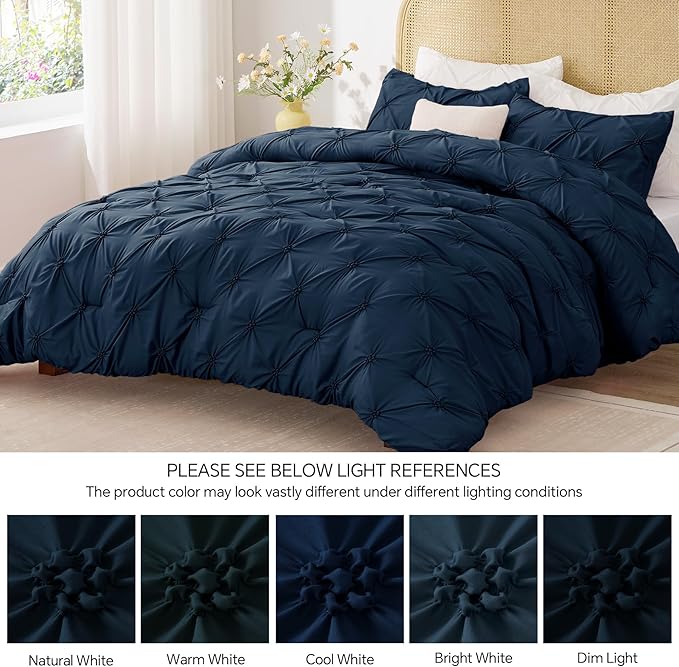 BEDELITE Navy Queen Comforter Set - 3 Pieces Boho Pintuck Bedding Comforter Sets, Lightweight Soft & Warm Bed Comforter Queen with 2 Pillowcases for All Season