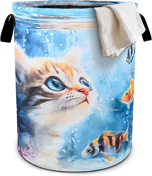 Cute Cat Laundry Basket Foldable Oxford Cloth Tote Bag Laundry Hamper Clothes Storage Bucket Organizer For Bathroom/Laundry Storage/Bedroom 19.6x15.7 Inch