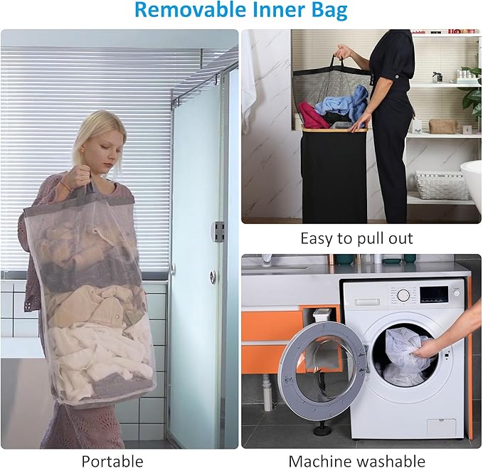 efluky Slim Laundry Basket with Lid, Narrow Laundry Hamper with Removable Bag, Skinny Dirty Clothes Basket with Bamboo Handles for Bathroom, Bedroom & Laundry Room, 75L Black