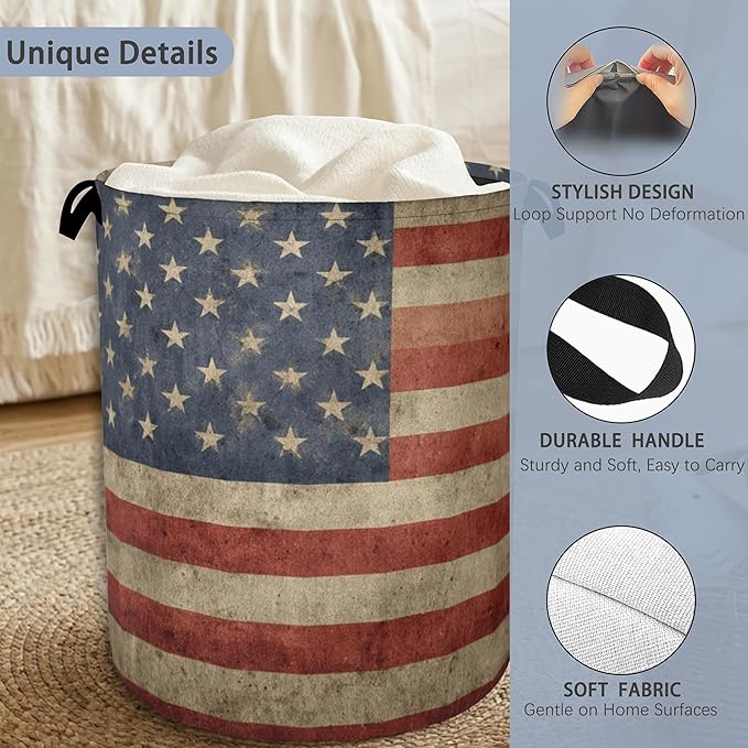 Vintage Flag Laundry Basket,Oxford Cloth Laundry Hamper with Handle Foldable Portable Clothes Storage Basket for Bathroom Bedroom Dorm Room 16" x 20.8"
