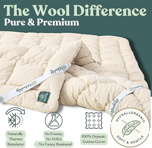 Organic Merino Wool Mattress Topper - Luxury Pillow Top Mattress Pad, Handmade, Non-Toxic, Cooling & Hypoallergenic, Natural Back Pain Relief, Sustainable Bedding (King)