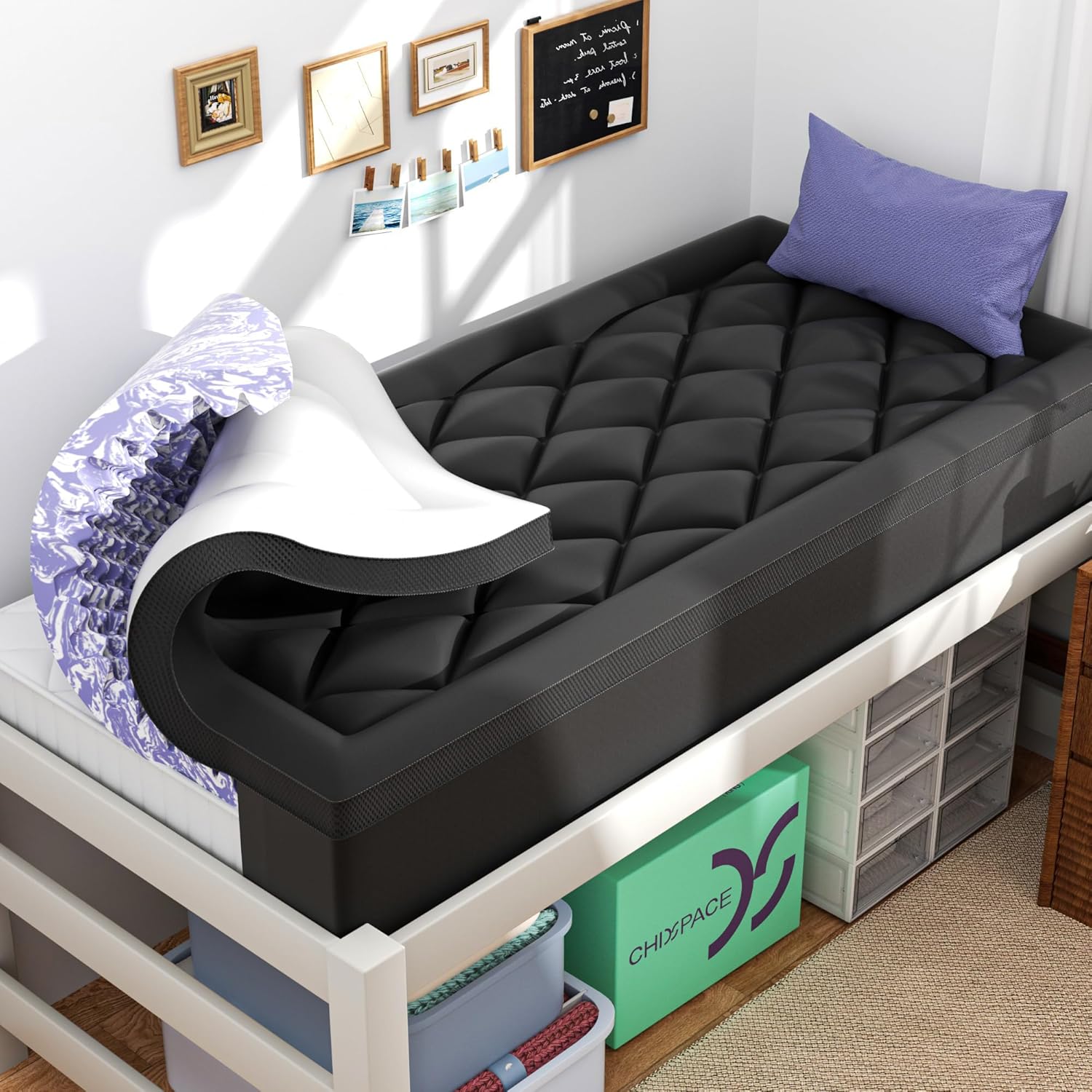 ChiXpace Dual Layer 4 Inch Memory Foam Mattress Topper Twin XL - 2 Inch Gel Memory Foam and 2 Inch Pillow Top Mattress Pad, 7-Zone Egg Crate Twin XL Size Mattress Topper (White) Dormly