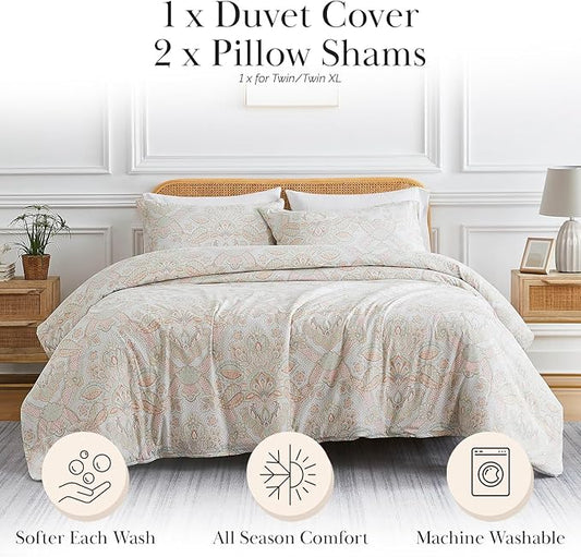 Southshore Fine Living, Inc. Paisley Boho Duvet Cover Full/Queen Size - Premium Quality Bedding Set, Easy Care - 1 Duvet Cover Full/Queen, 2 Pillow Shams - Enchantment Coral