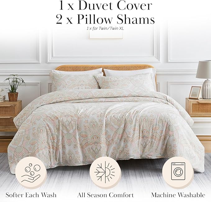 Southshore Fine Living, Inc. Boho Paisley Duvet Cover Twin/Twin XL Set - Premium Quality Microfiber Twin Boho Bedding Sets, Easy Care - 1 Twin Duvet Cover, 1 Sham - Enchantment Coral