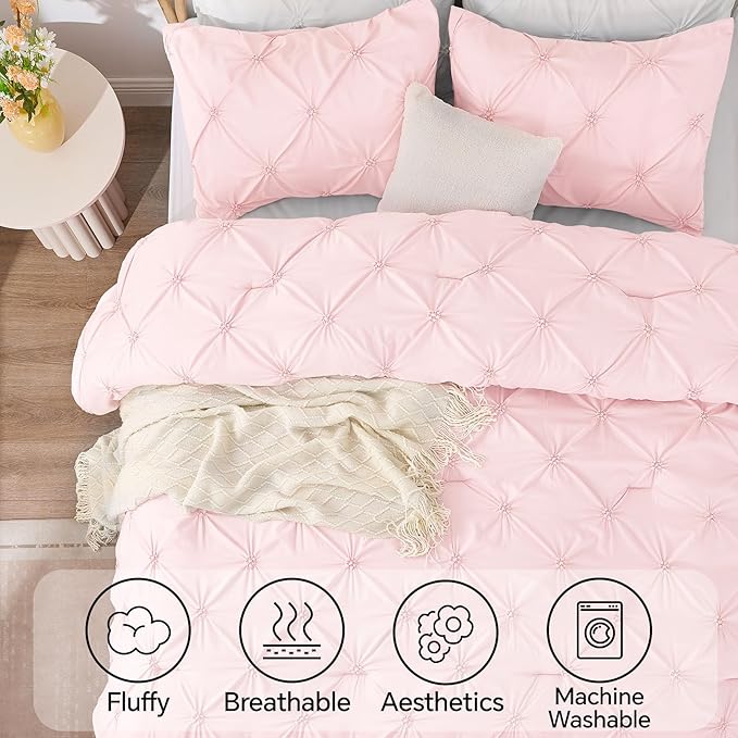 BEDELITE Baby Pink King Size Comforter Set - 3 Pieces Boho Pintuck Bedding Comforter Sets, Lightweight Soft & Warm King Bedding Set with 2 Pillowcases for All Season