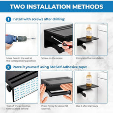 Toilet Paper Holder with Shelf, Black Anti-Rust Aluminum Tissue Roll Holder with Mobile Phone Storage Shelf for Bathroom, 3M Self Adhesive No Drilling or Wall Mounted with Screws