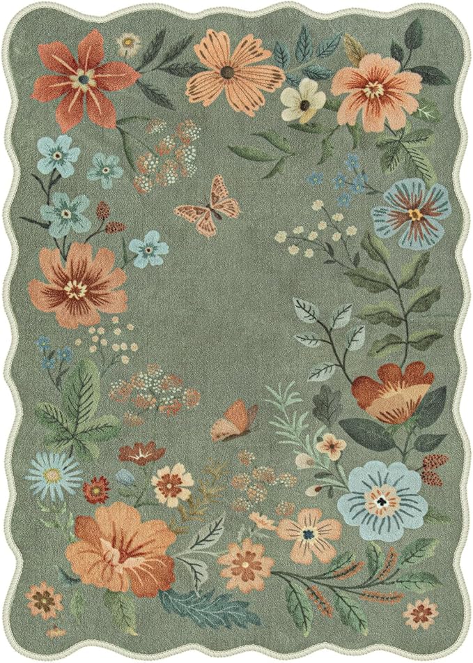 Lahome Floral Living Room Rugs, Area Rugs 5x7 Rug for Bedroom Ultra-Thin Soft Rug, Non-Slip Washable Rugs Stain Resistant Boho Low-Pile Throw Carpet for ‎Dining Room Office (5x7ft,Green)