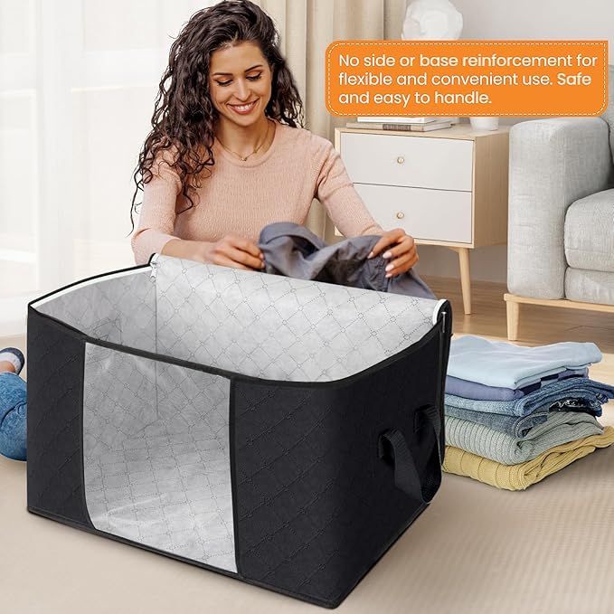 Fab totes 24 Gallons Clothes Storage, Foldable Thick Fabric Blanket Storage Bags, Containers for Organizing Bedroom, Closet, Clothing, Comforter, Organization with Handle (3 Pack,Black)