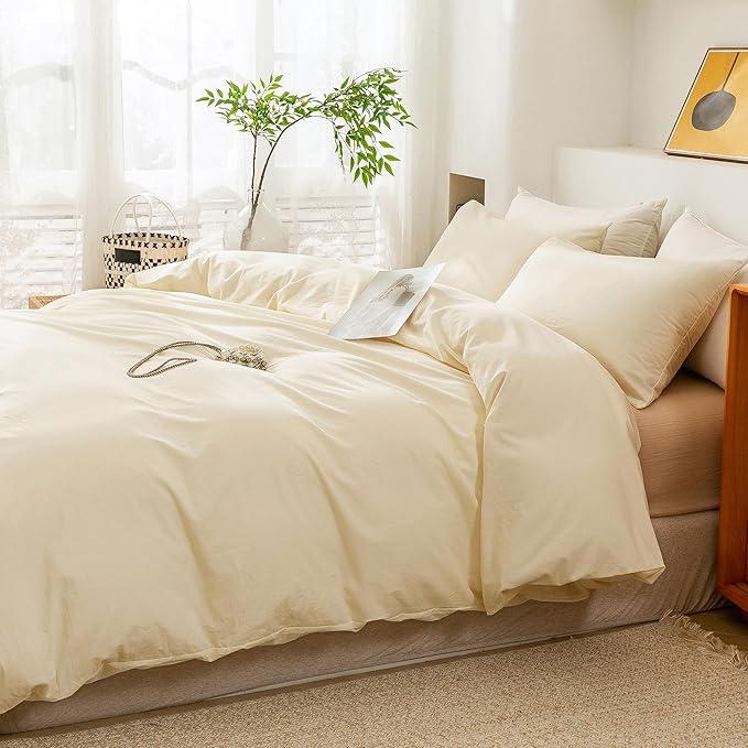 ECOCOTT Duvet Cover King Size - 3 Piece 100% Washed Cotton Bedding Set, Soft & Breathable with Zipper Closure 8 Corner Ties - Comfortable and Stylish for All Seasons (Cream)